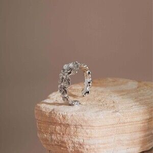 Sterling Silver Flower Ring, Vintage Carved Adjustable Band